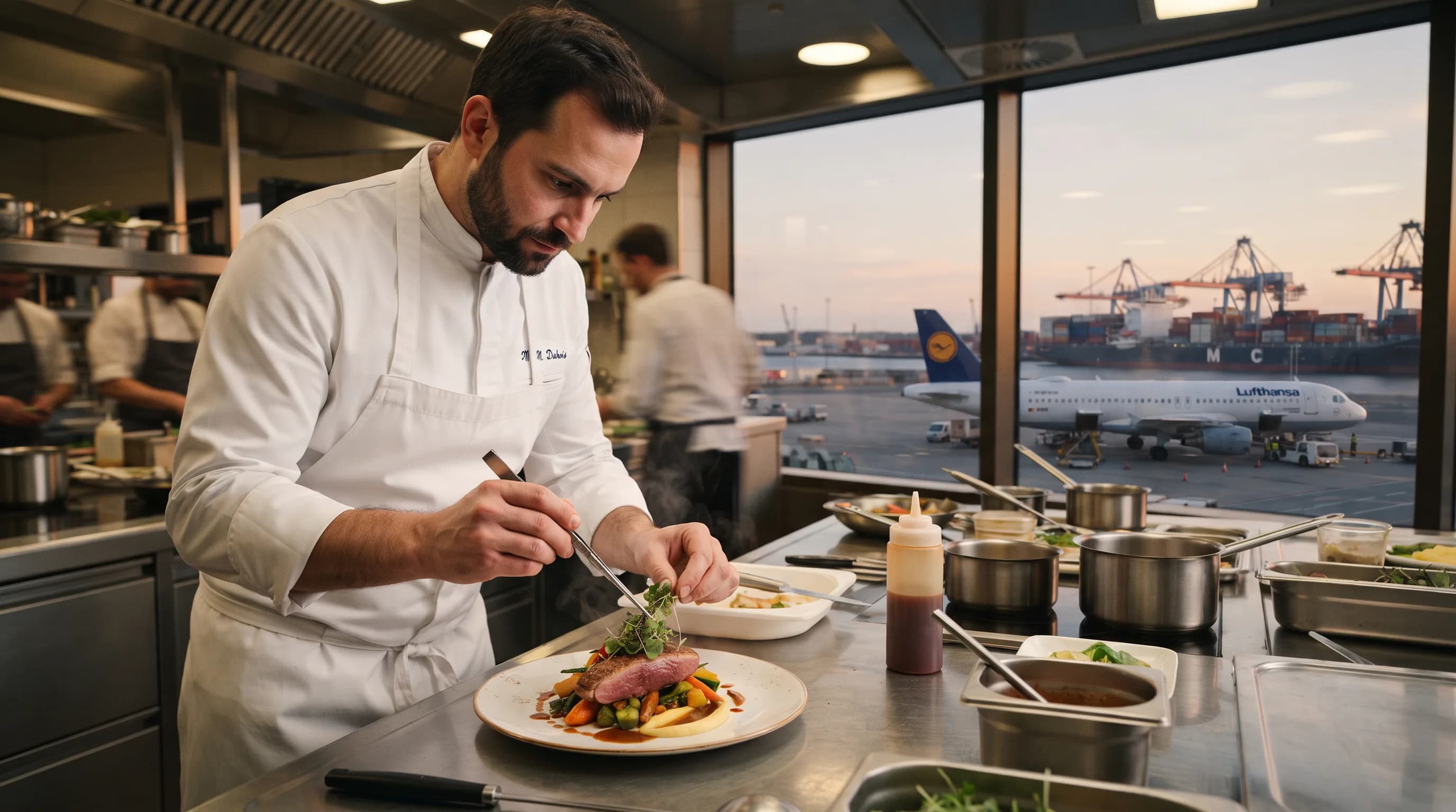 Chef plating gourmet meal kitchen