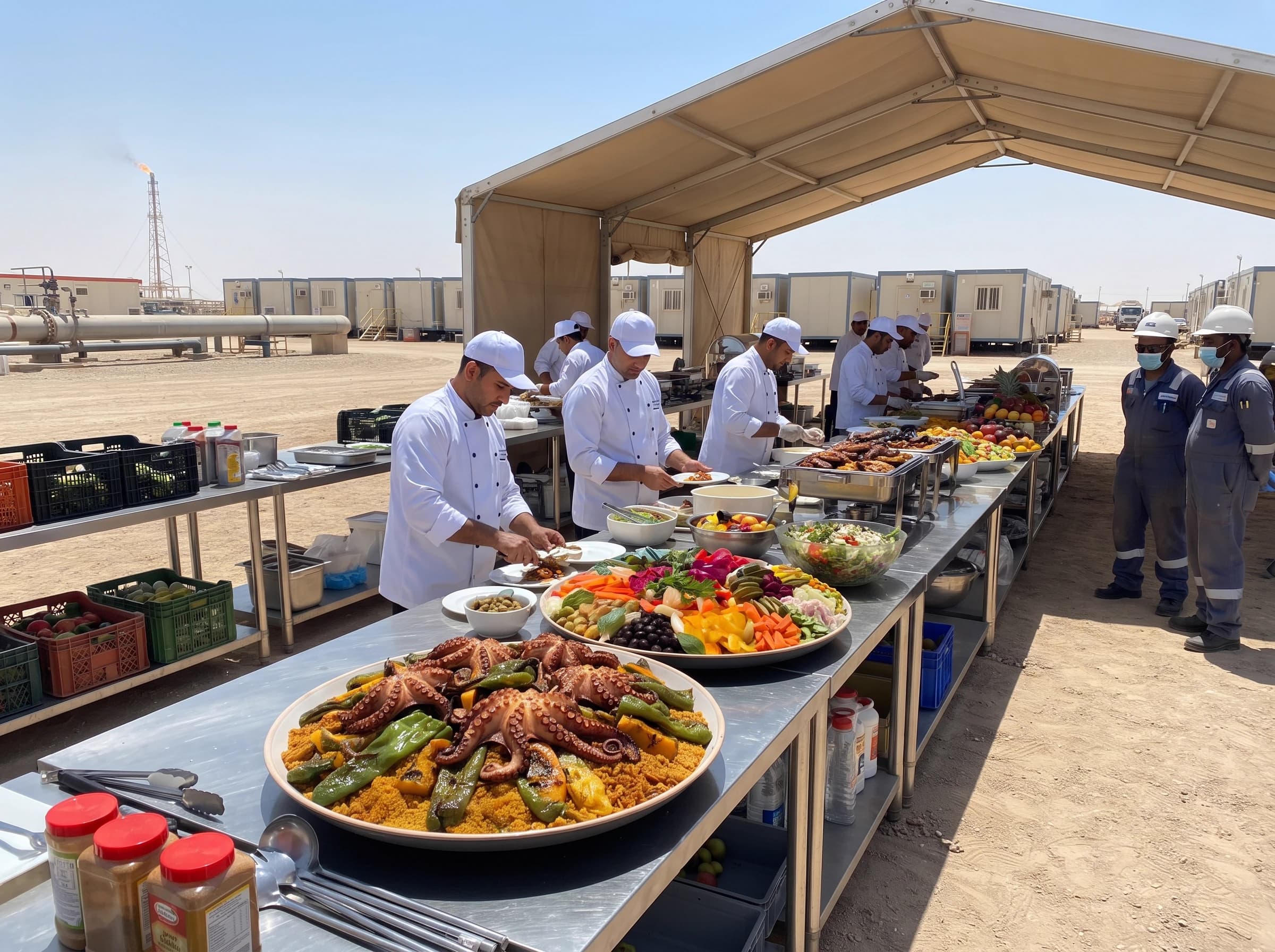 Chefs preparing meals at an oil field camp